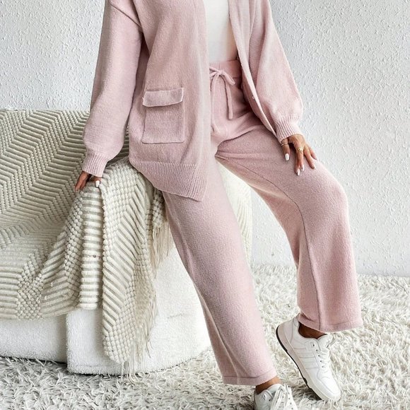 Pink Casual Womens Drop Shoulder Cardigan & Tie Front Knit Pants - Picture 3 of 6